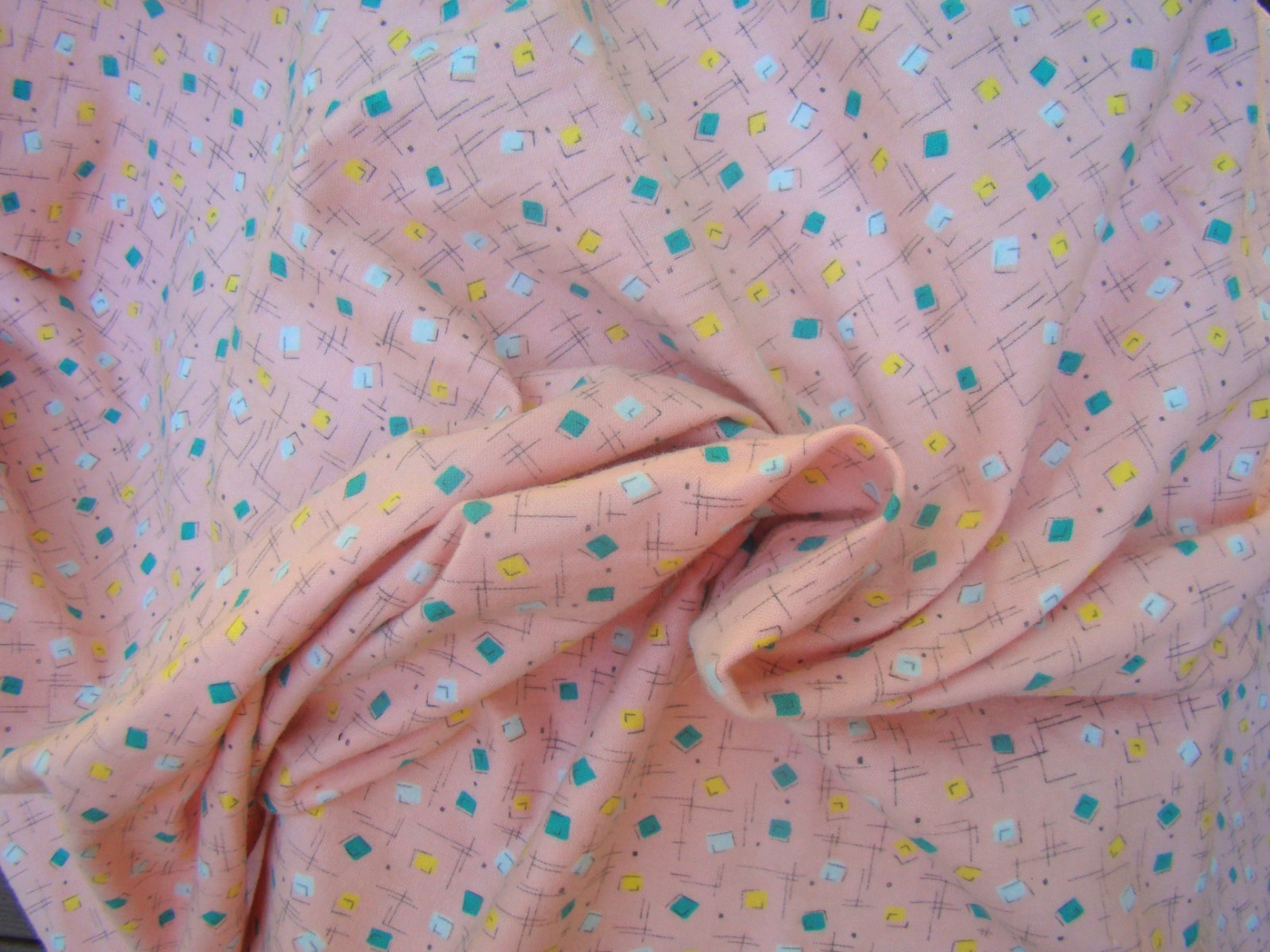Vintage Flannel Cotton Fabric GEOMETRIC  1950s Pink Turquoise 2 3/8 YARDS