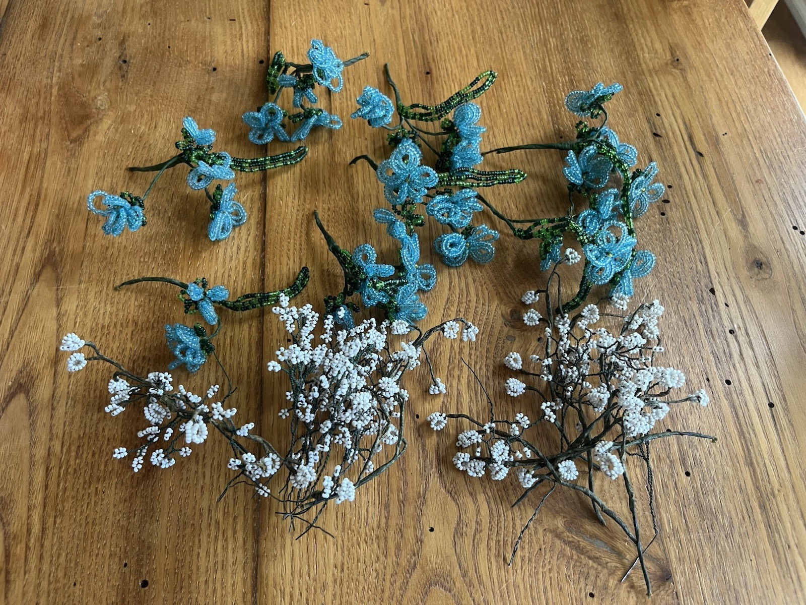 Antique GORGEOUS OLD Vintage French WHITE & BLUE GLASS BEADED FLOWERS  1930s