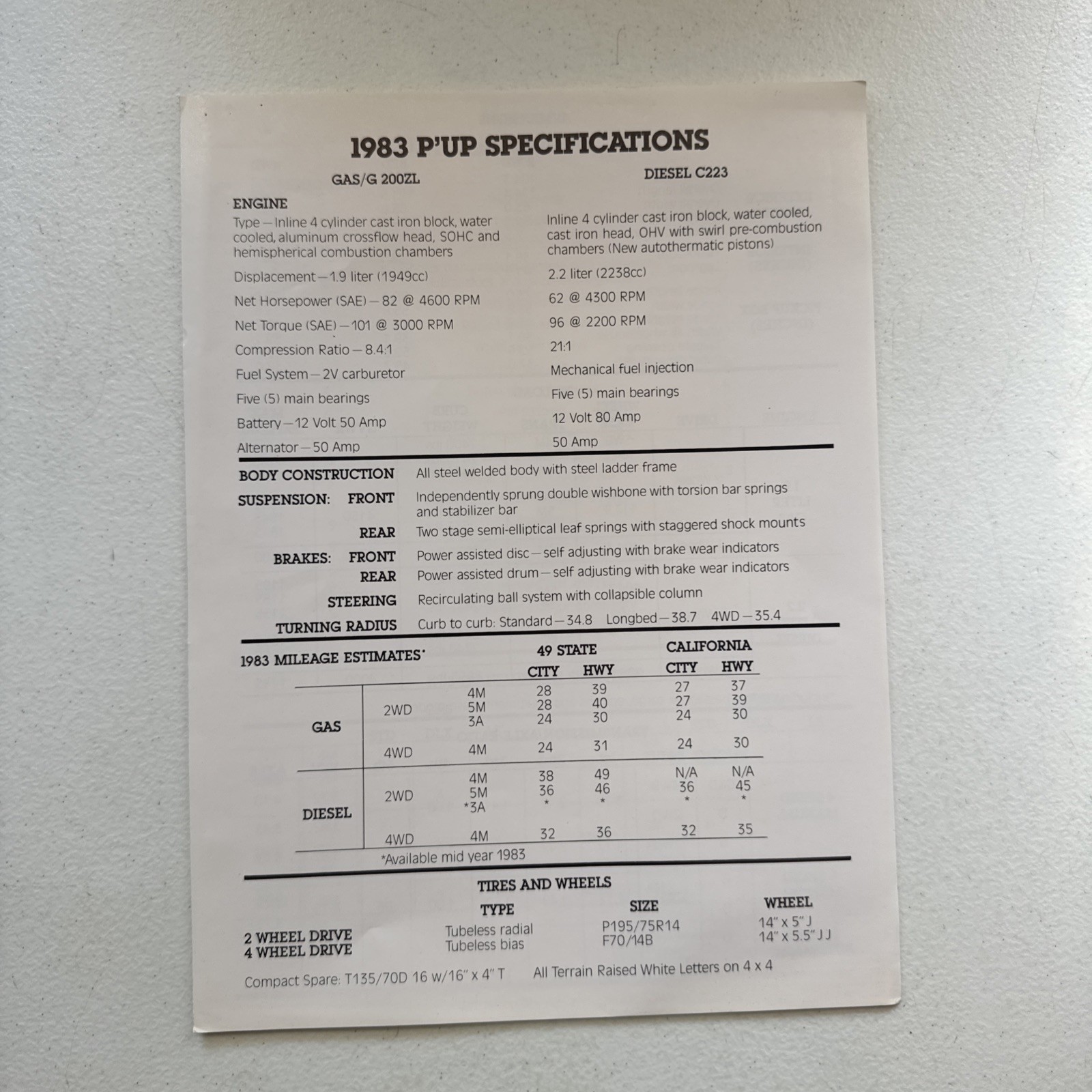 Vintage 1983 Isuzu P’UP Specifications Dealer Sales Brochure