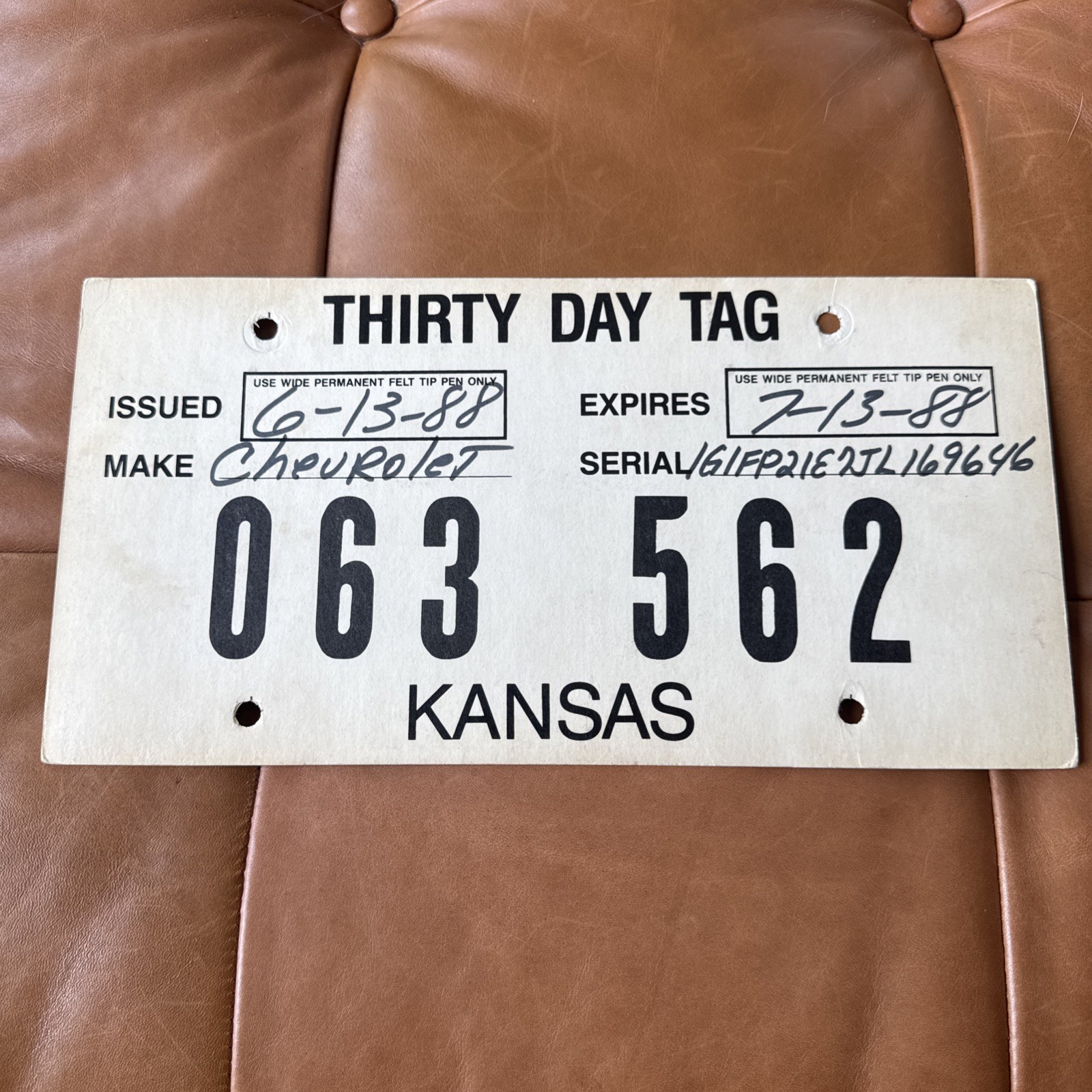Vintage 1988 Kansas TEMP TAG License Plate Chevy # 063 562 Temporary