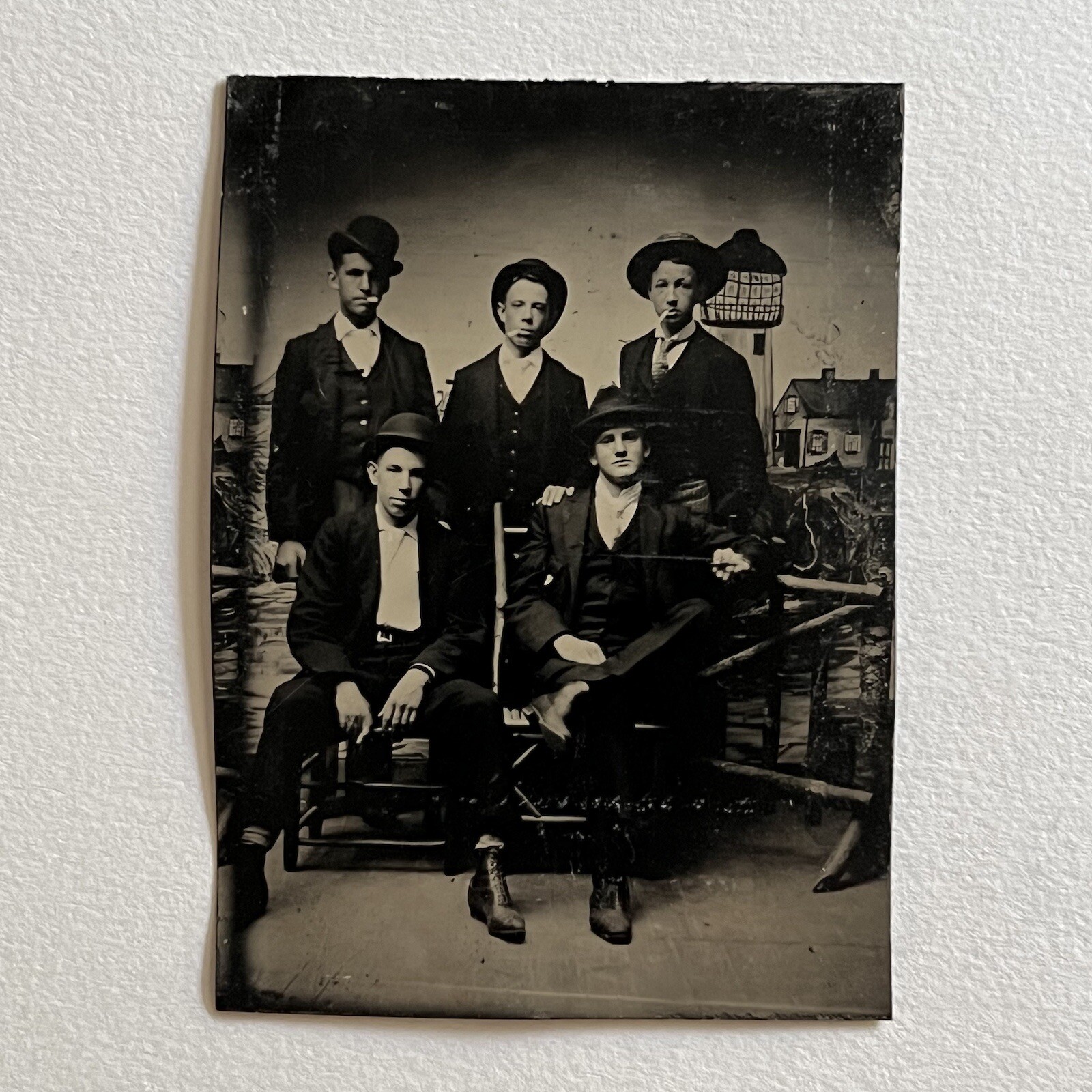 Antique Tintype Group Photograph Handsome Rascally Young Man Teen Smoking