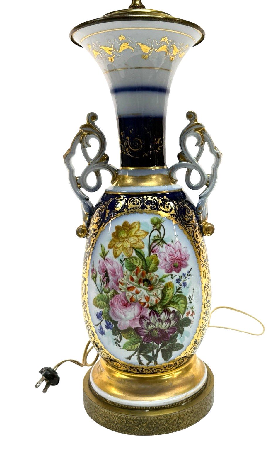 19th Cen French Old Paris Porcelain Lamp  Hand Painted Floral Cobalt Gilt Antiqu