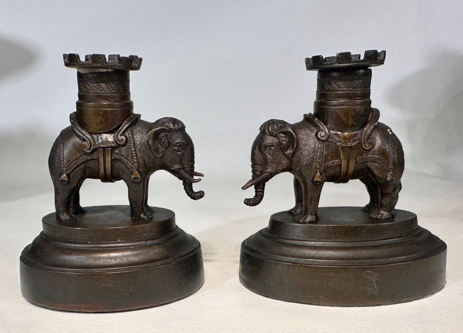 19thc Regency Period Small Pair Bronze Elephant Candleholders Castellated Howdah