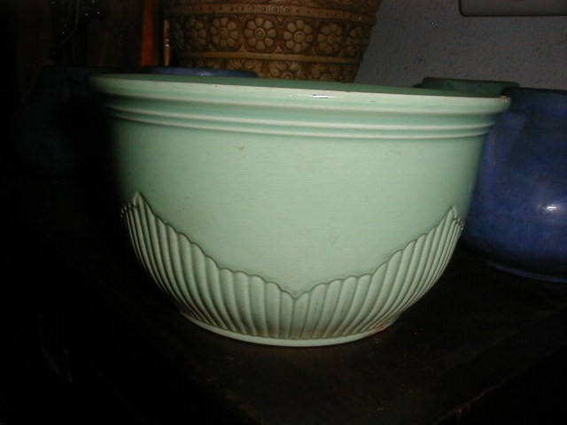 Antique 1920\'s Green Pottery Mixing Bowl Interesting Pattern