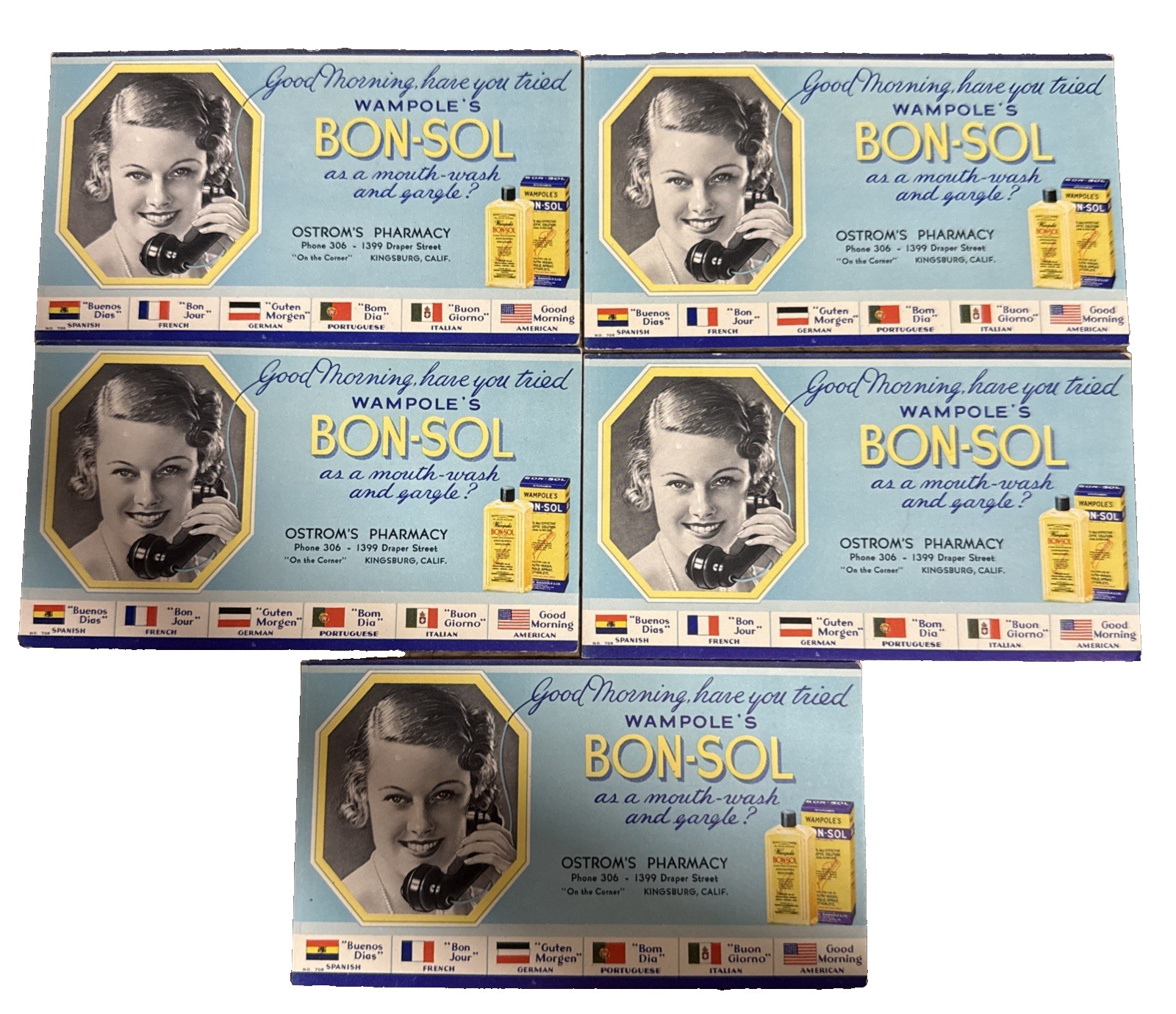 Wampole\'s Bon-Sol Advertising Cards Lot 5 Vintage 1930s Art Deco CA