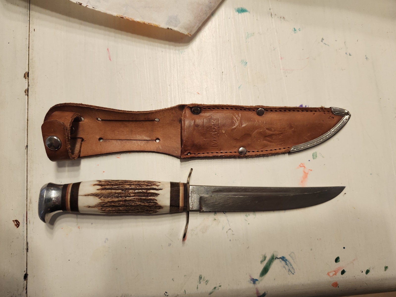Vintage Edge Mark Knife 461 Solingen Germany Stag Handle Brass Guard W/ Sheath