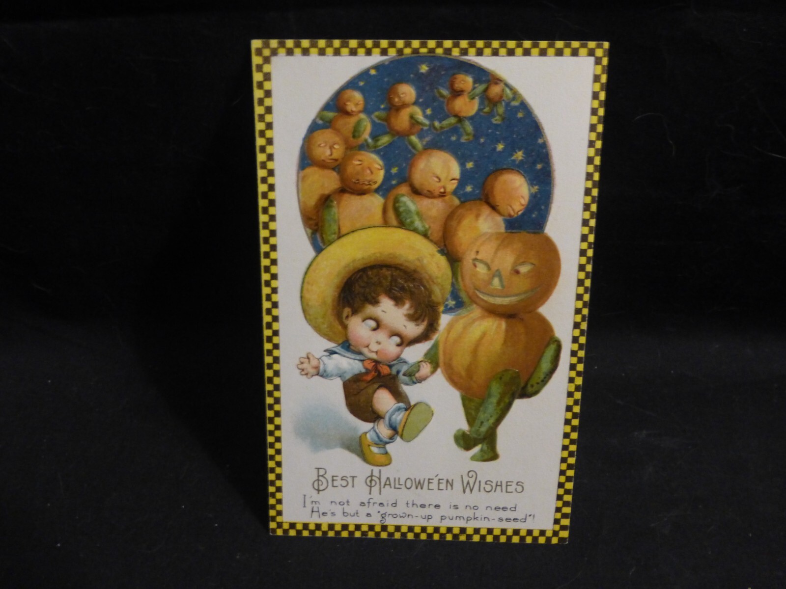Halloween Postcard-Winsch- Little Boy & Pumpkin Seed-Merrily Skipping Along