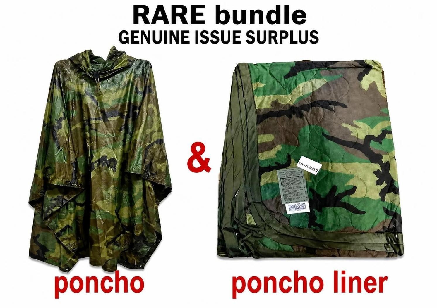 USGI Rip-Stop Liner & Rain Poncho Bundle Woodland Camo Genuine Military Issue
