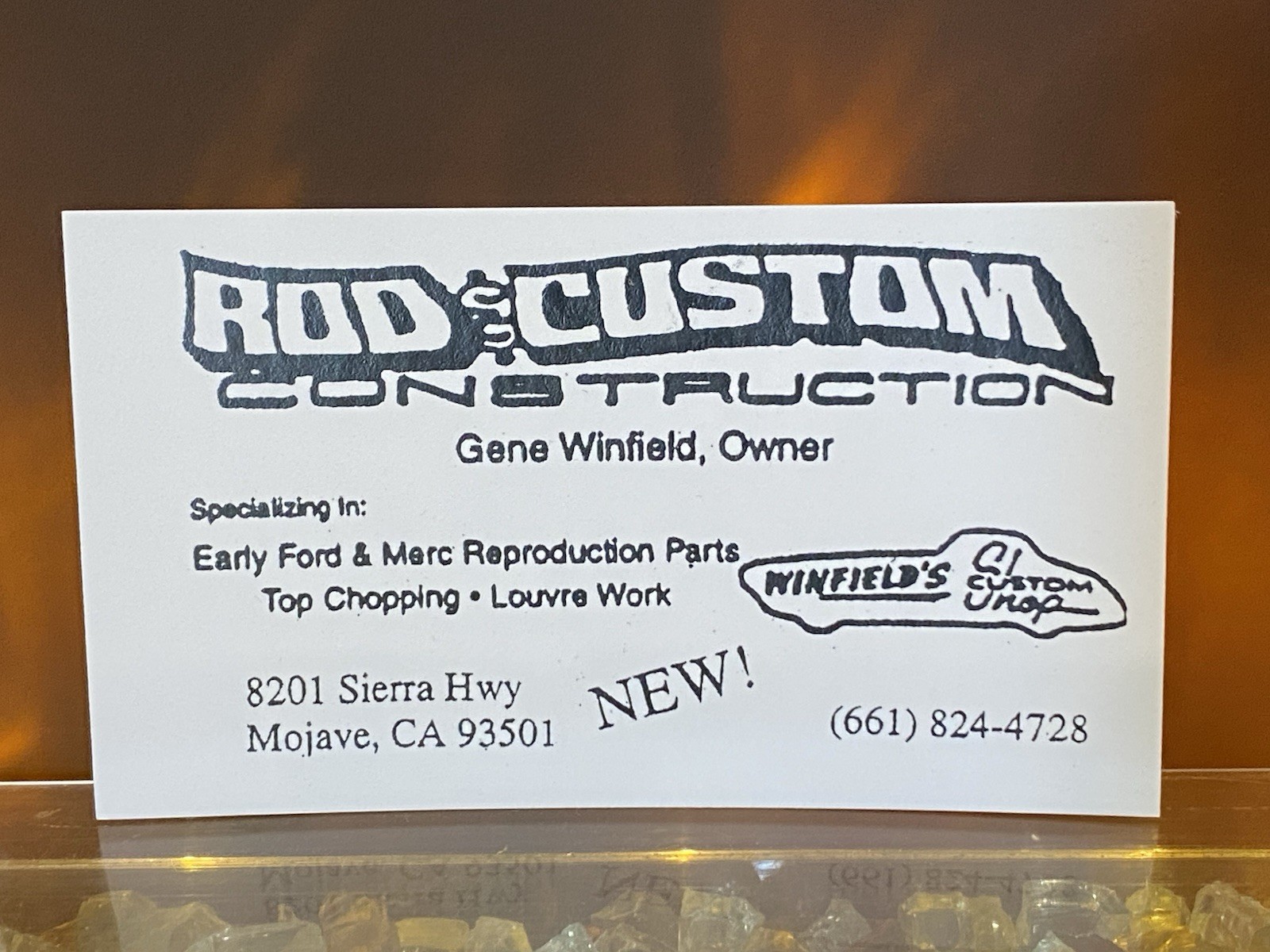 Gene WINFIELD CUSTOM SHOP Hot Rod Mojave CA Custom Car BUSINESS CARD WINDFIELD'S