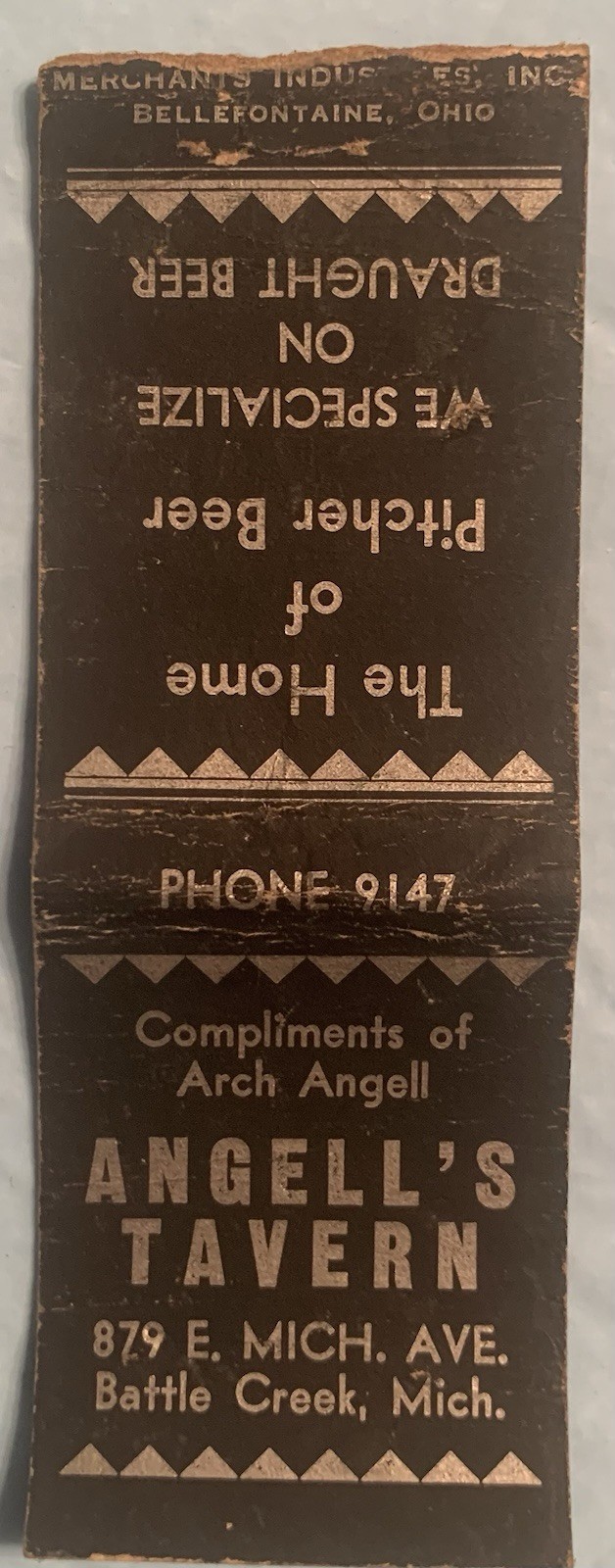 Angell’s Tavern Battle Creek Mi. Matchbook Cover Arch Angell Home Pitcher Beer