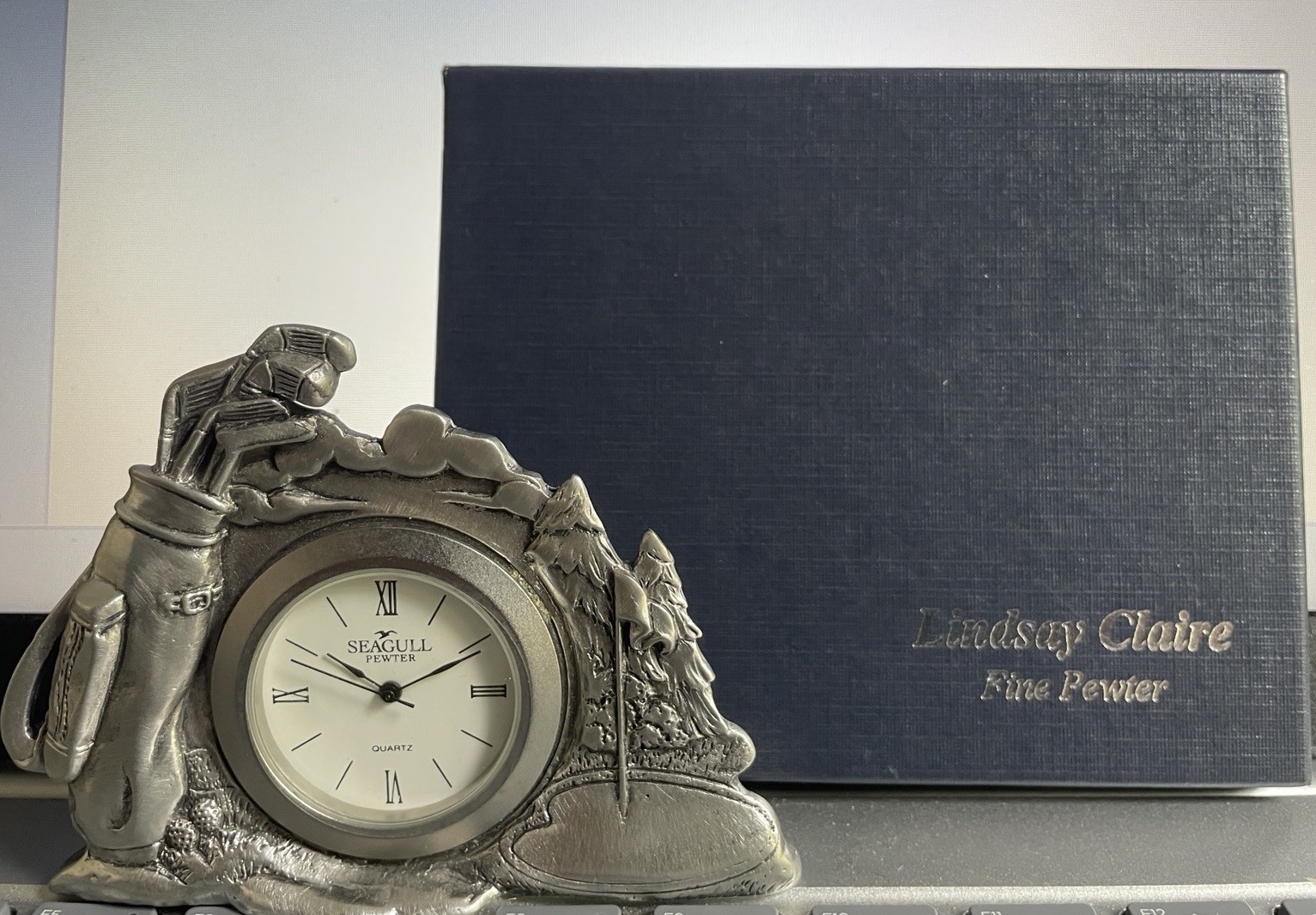 1997 Seagull Silver Pewter With Box Golf Bag Desk Clock NEW Lindsay Claire