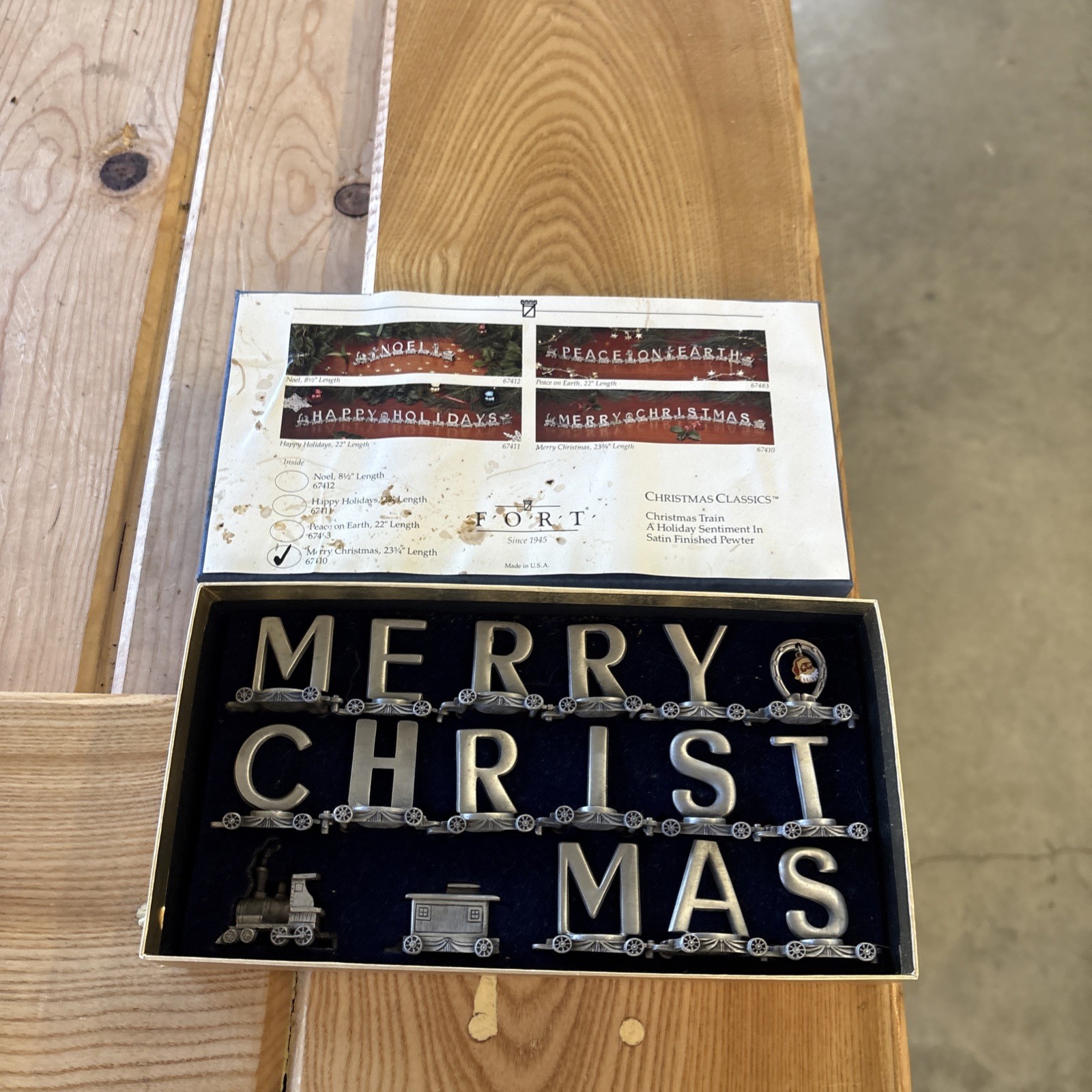 Vintage Fort Pewter Merry Christmas Train Set 17 Piece Miniature Holiday Boxed