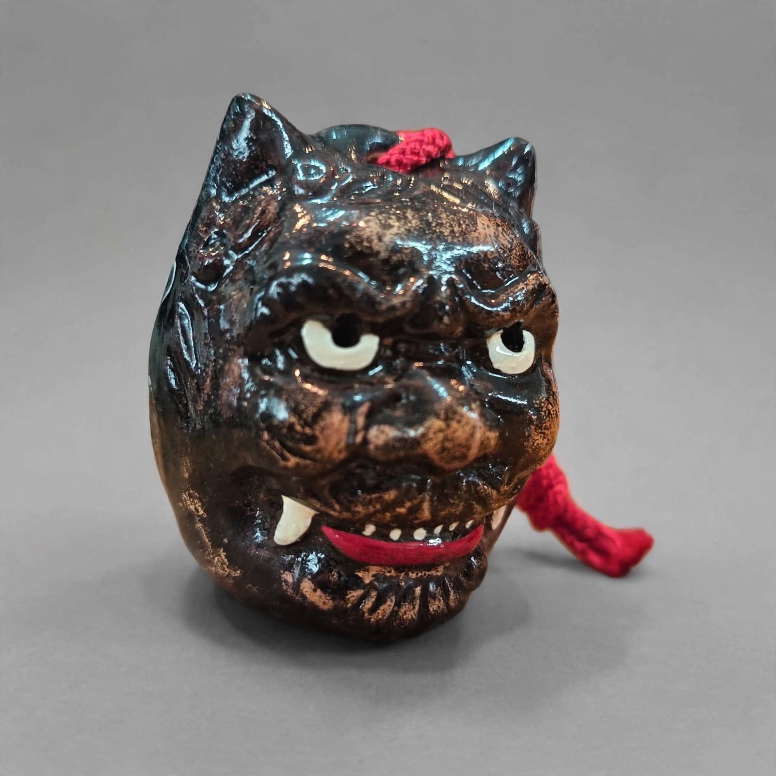 Vintage Japanese Clay Bell Dorei Suzu 2-Faced Oni Demon & Okame - Mayoke Evil