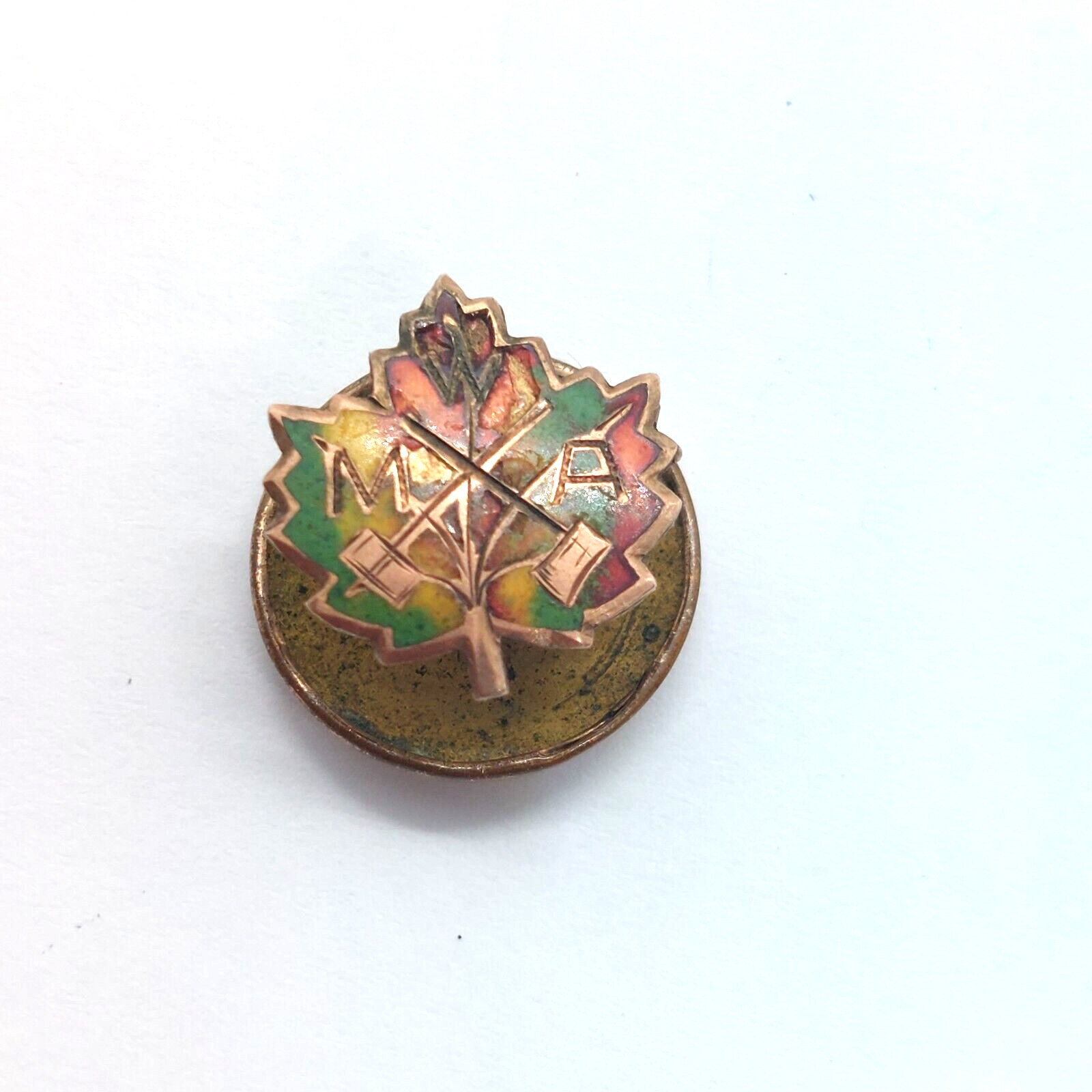 Antique MWA Modern Woodsman Of America Pin Maple Leaf Screw Back Lapel