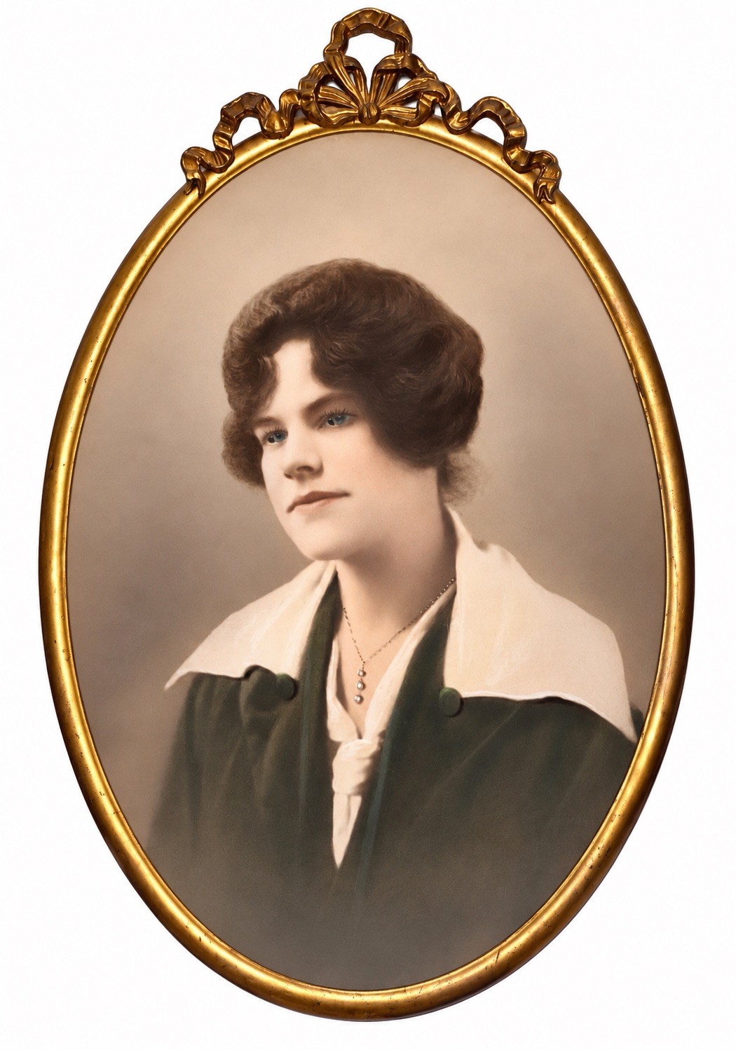 Antique Oval Portrait Frame Convex Bubble Glass Gilt Tinted Woman Photo 22x13.25