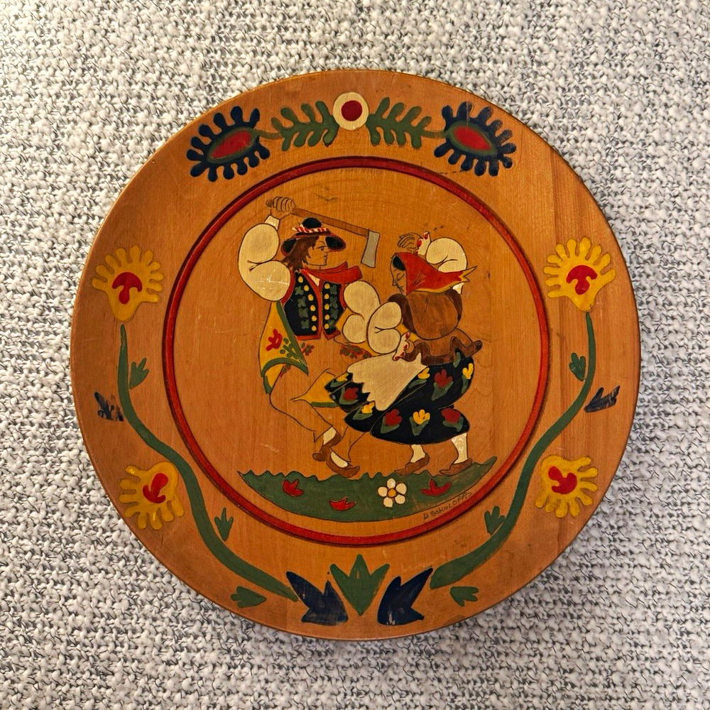 Rare Antique Leonid Sokoloff Hand-Painted Folk Art Wood Round Wall Plaque