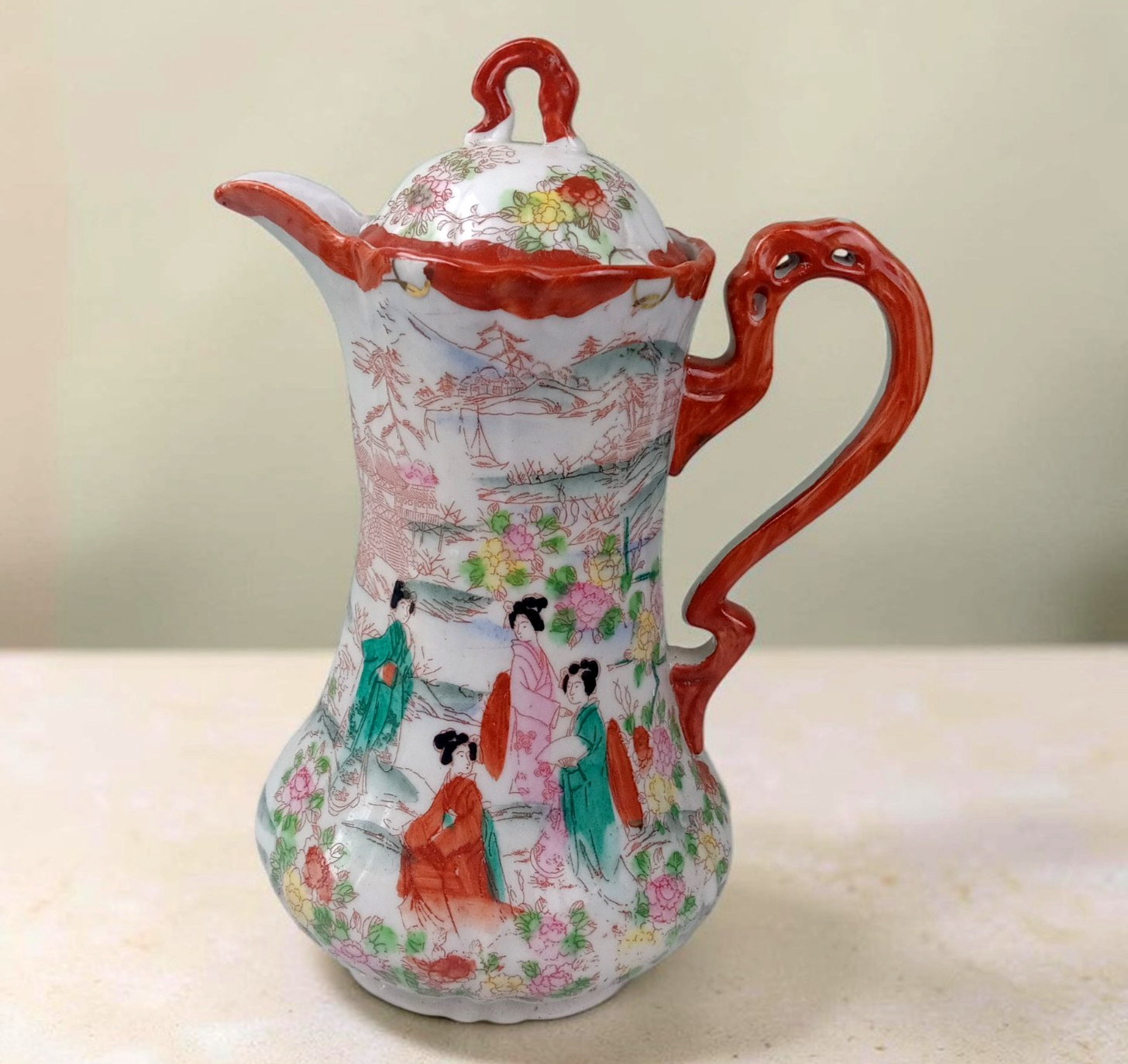 Vintage Japanese Kutani Porcelain Geisha Girl Chocolate Pot 9.5\