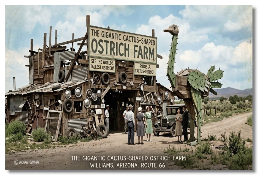 Vintage‑STYLE  ART 1930s RPPC-Cactus Ostrich Farm Williams Arizona-FAUX PHOTO