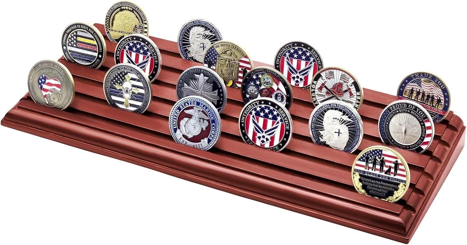 6 Rows Military Challenge Coin Stand Holder Display Rack,100% Natural Solid Wood
