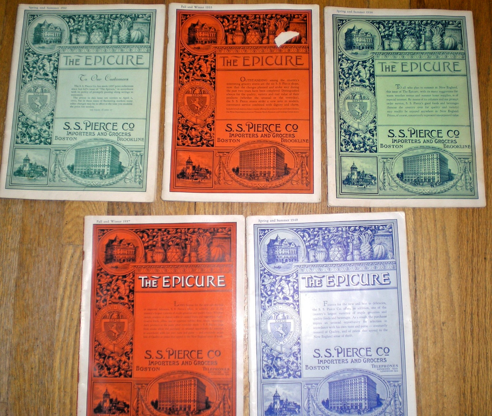 5 issues of THE EPICURE Grocery Magazine/Catalog ~ S.S. PIERCE ~ 1932-1940