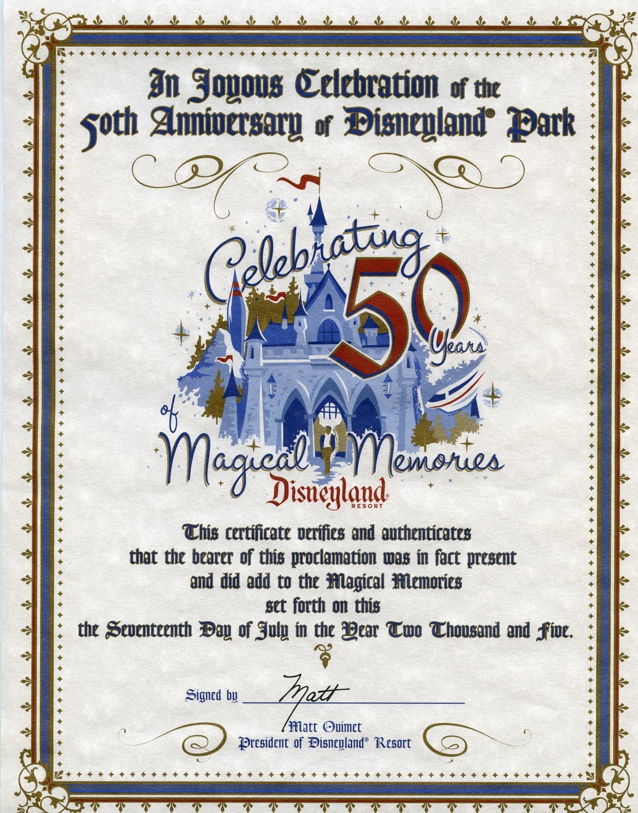 Disneyland 2005 Attendance Certificate Celebrating 50 Years of Magical Memories