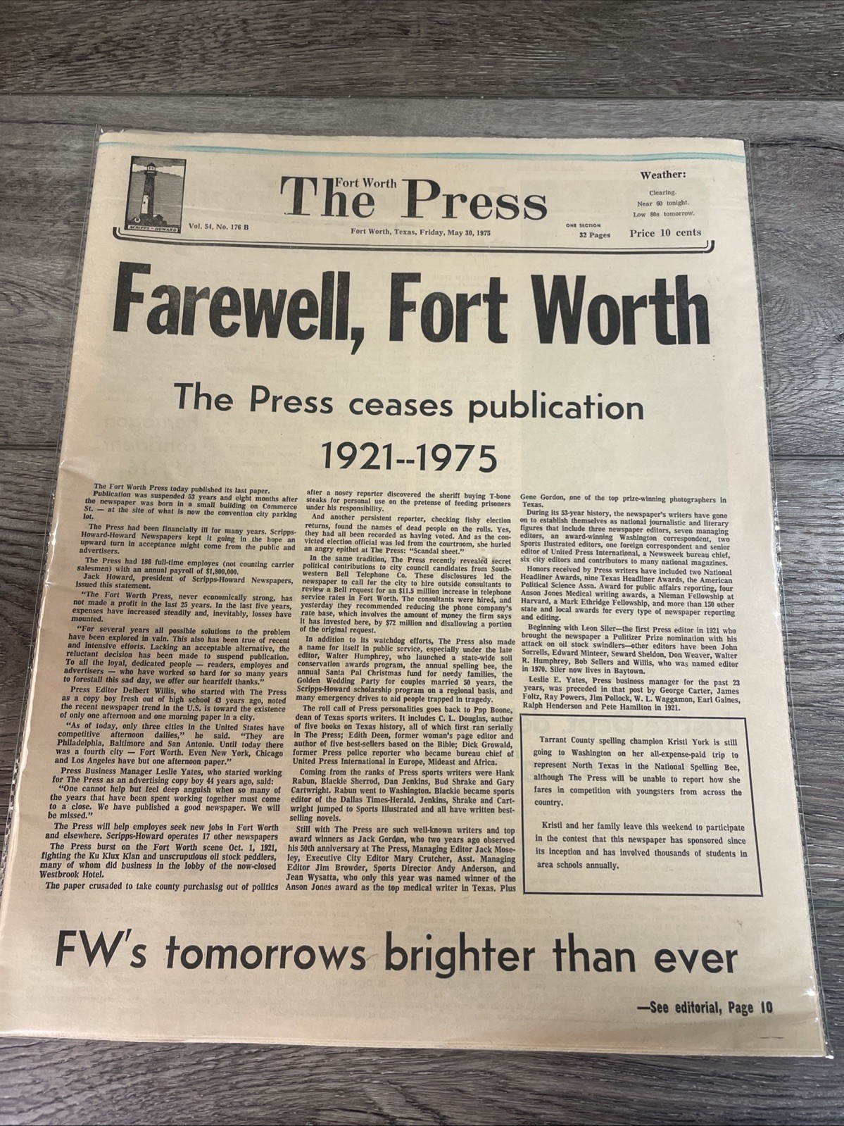 May 30 1975 The Fort Worth Press Newspaper FINAL ISSUE Farewell Texas Defunct
