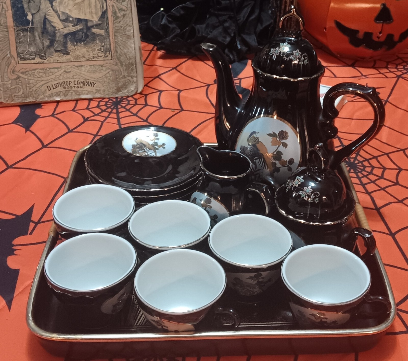 Vintage Japanese's Fine China Tea Set Black Porcelain 1950-80s 16-piece