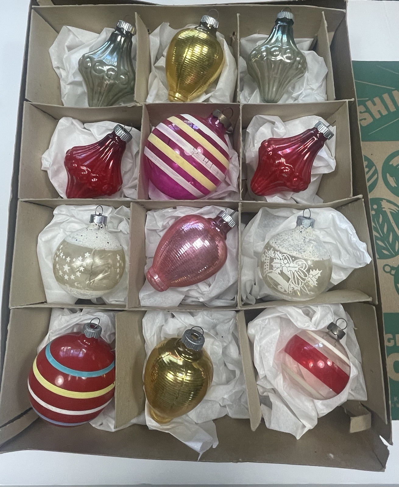 Shiny Brite Christmas Ornaments 12pc with Box Lantern Confetti Opaque Unsilvered