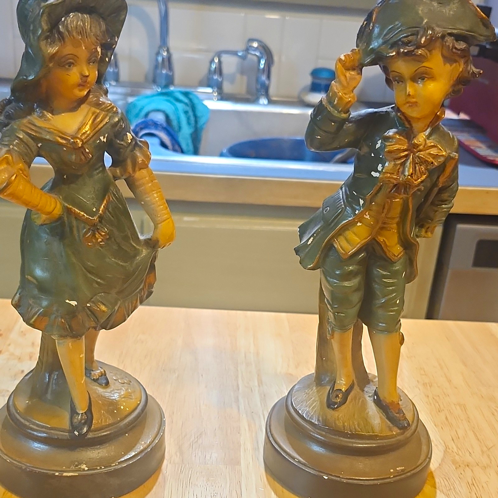 DAP Metal Boy & Girl Figurines Pair, Painted Green & Gold, Signed, Unboxed