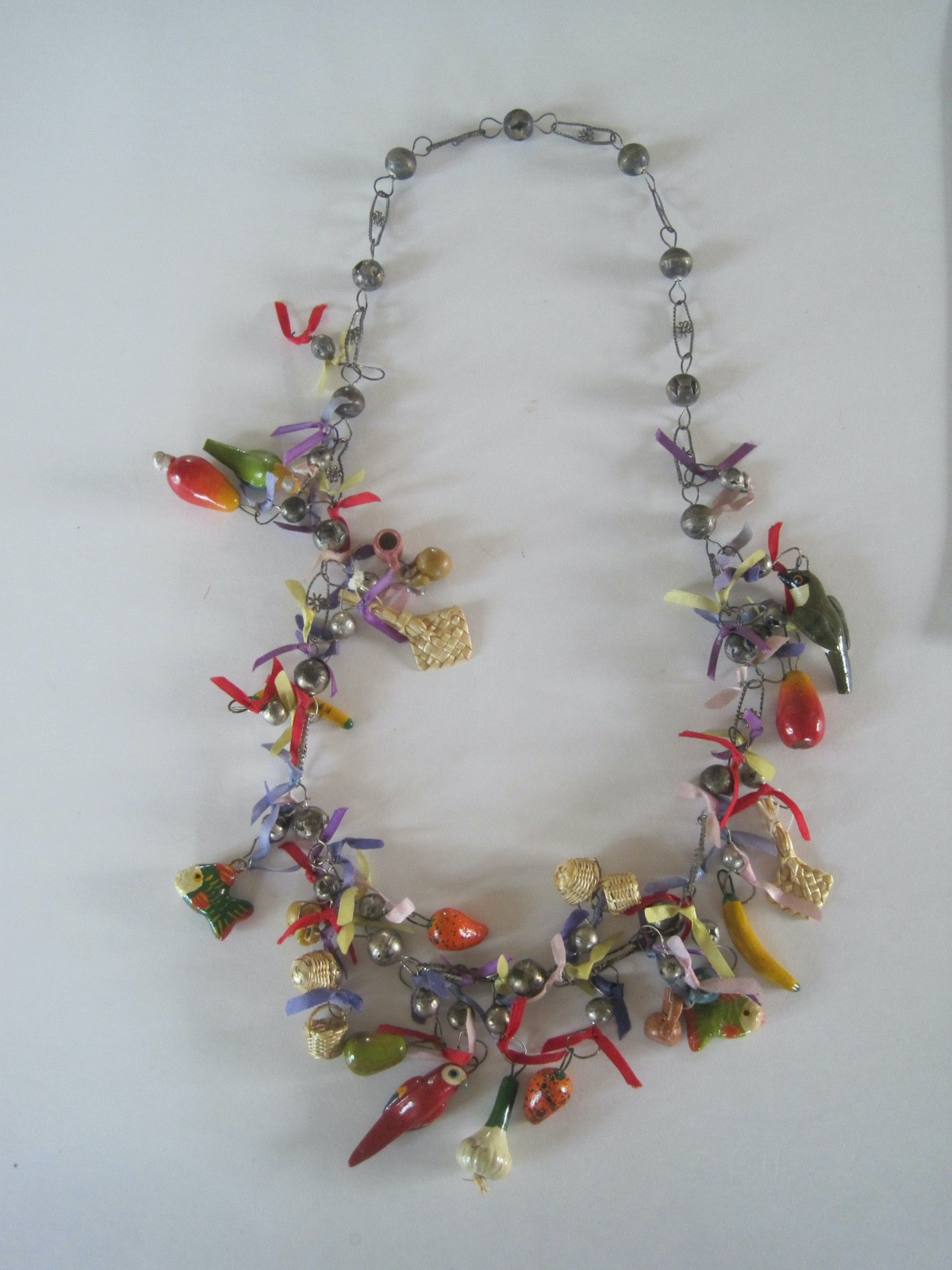 Mexican Folk Art Link Necklace Fruit Animals Woven Baskets Vintage 30
