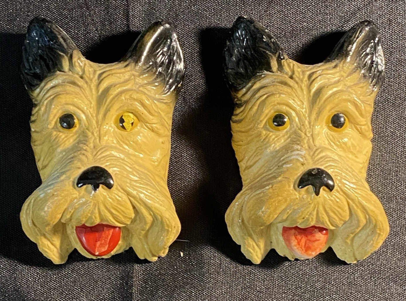 Scotty Dog Chalkware Wall Hanging Scotty Face Hanger Plaque MCM Set Of 2 Vtg