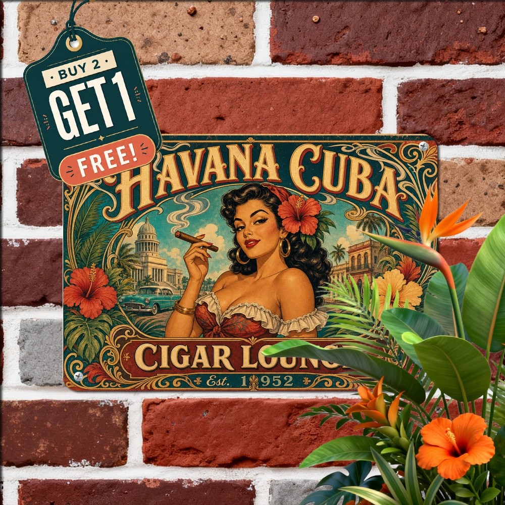 Havana Cuba Cigar Girl Cuban Lady Signs Decor Vintage Tabac Shop Metal Plaque
