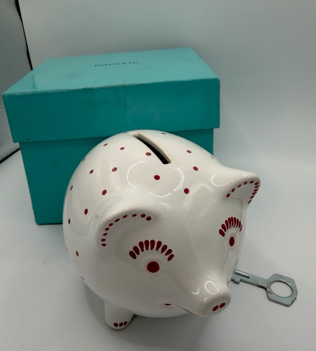 TIFFANY & CO. Pink Polka Dot Piggy Bank with Key And Box