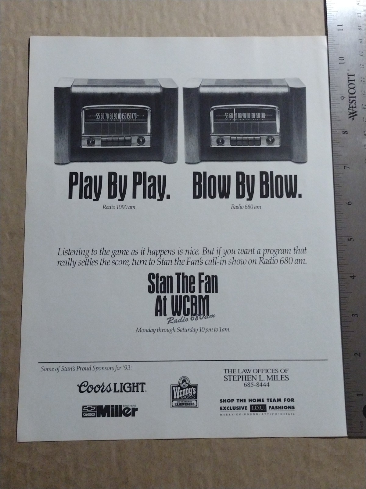 1993- Stan The Fan-WCBM-680. Am- Play By Play- Blow By Blow-Print/AD-Classic