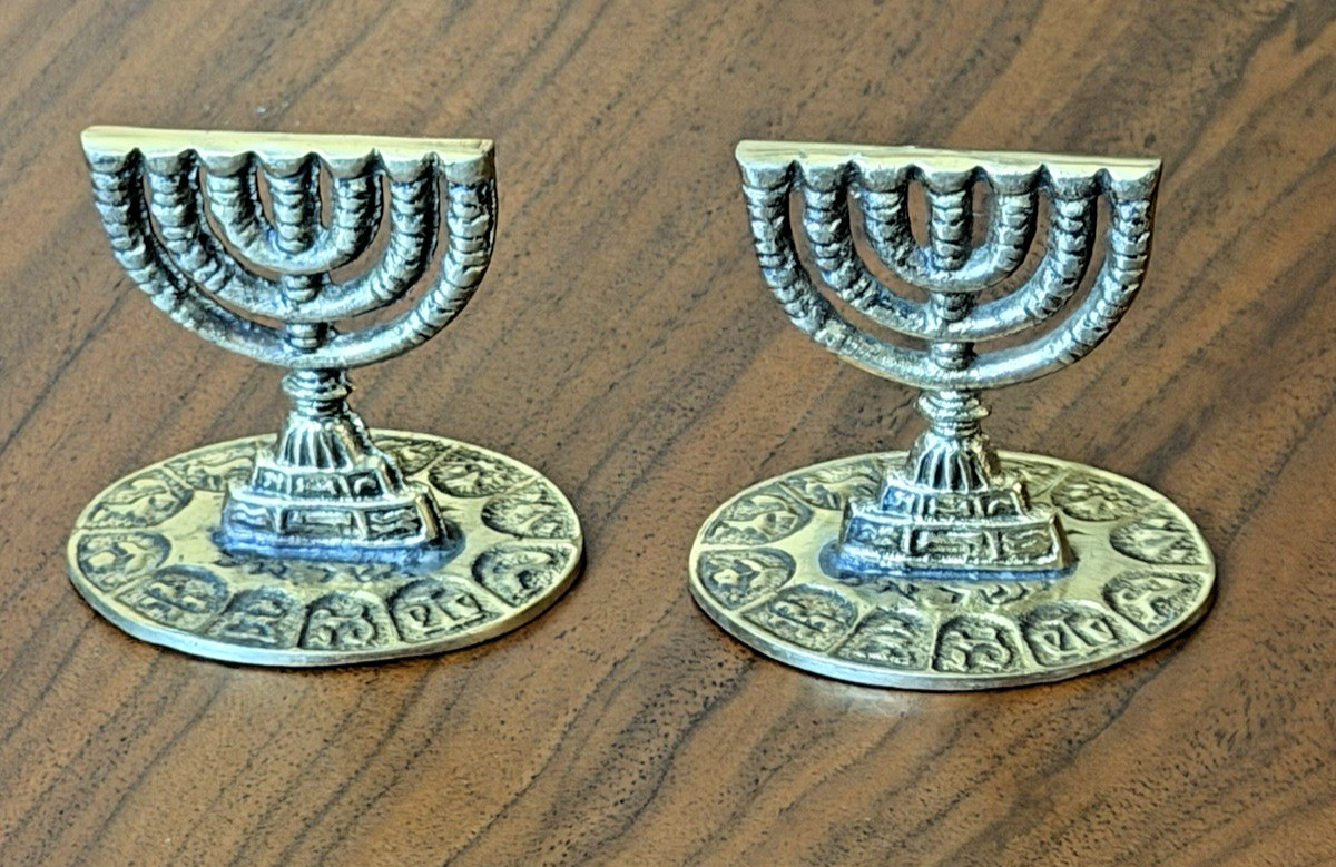 Vintage ORA Israel Brass Menorah Figurines Judaica Miniatures Matching Pair