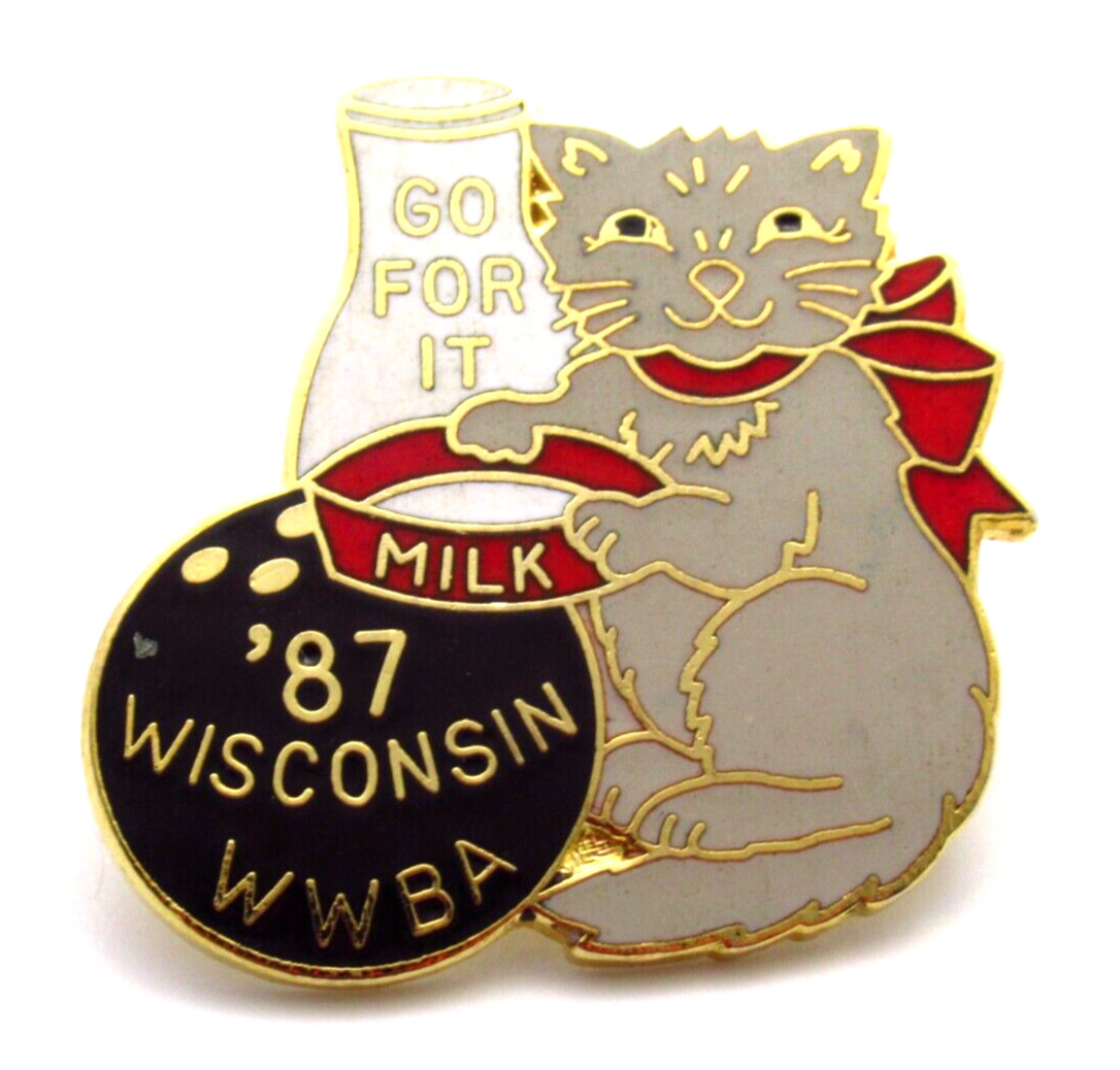 Vintage 1987 Wisconsin WWBA Lapel Pin Go For It Cat Milk Bowling Ball Gold Tone