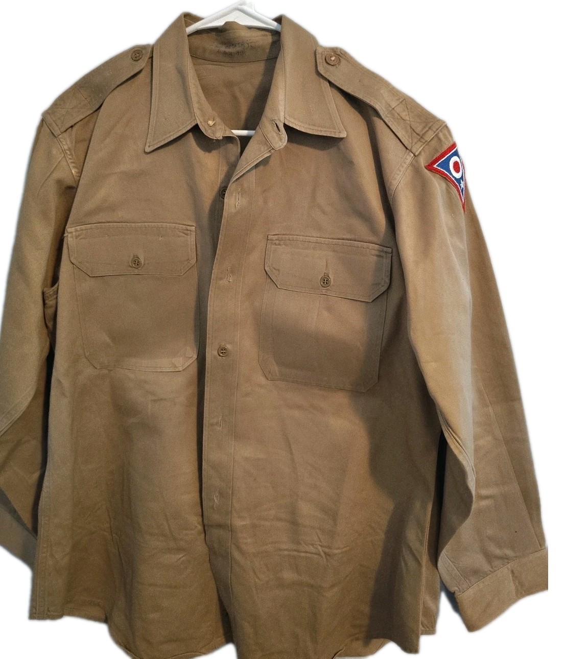 1940s WWII US Army Khaki Military Service Cotton Button Up Shirt  Patch Size 16