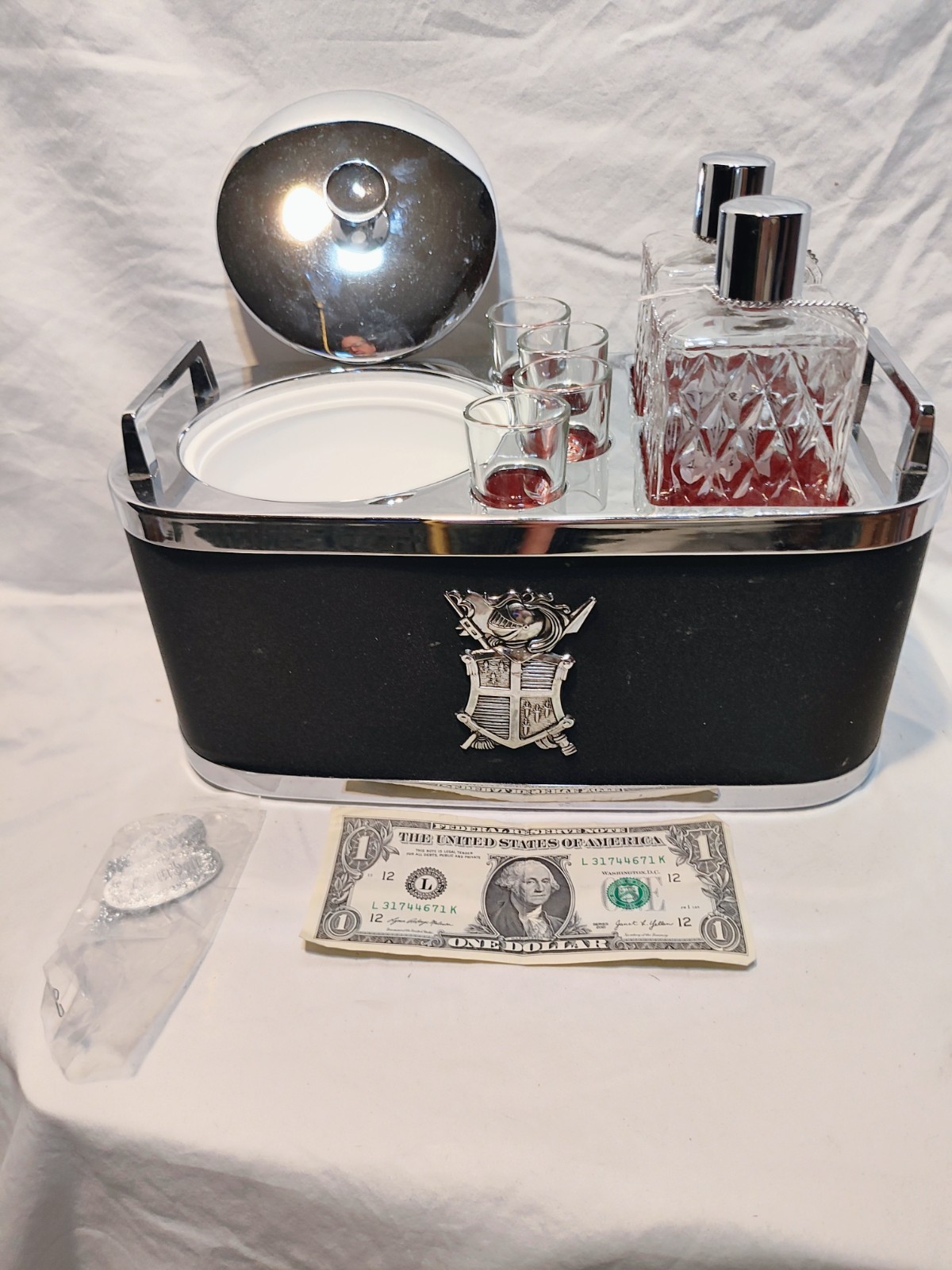Vintage Mid Century Musical Bar Caddy Set Ice Bucket 2 Decanters Shot GlassesMCM