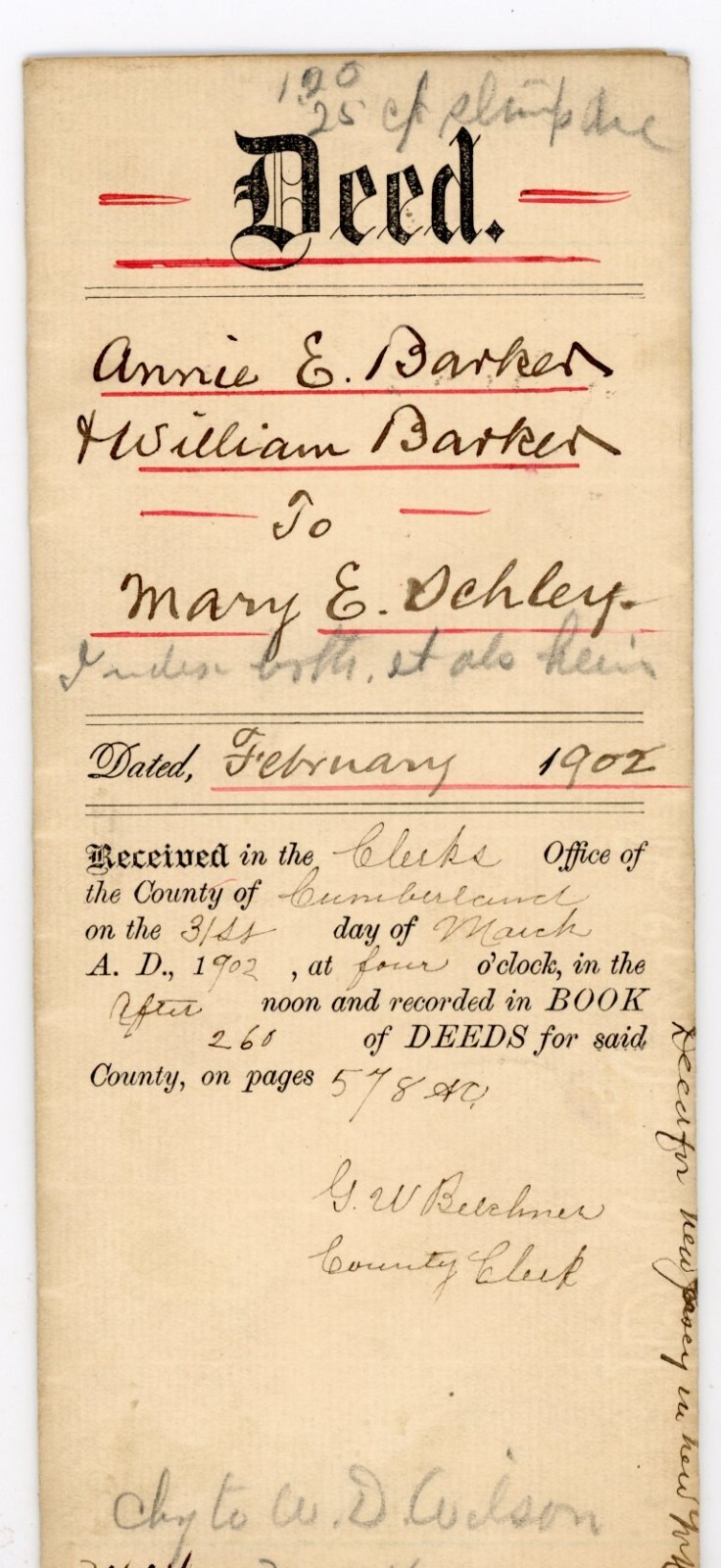 1902 Quit-Claim Deed Annie E. Barker to Mary E. Schley Cumberland Co New Jersey