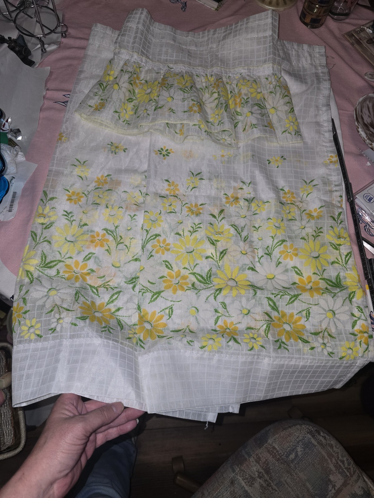 Vtg 1960s Flower Power Textured Yellow & Orange Daisy 2 Curtains With 1 Valance