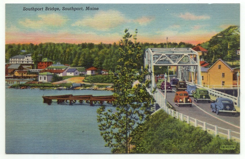 Southport ME Bridge Old Cars Linen Postcard Maine