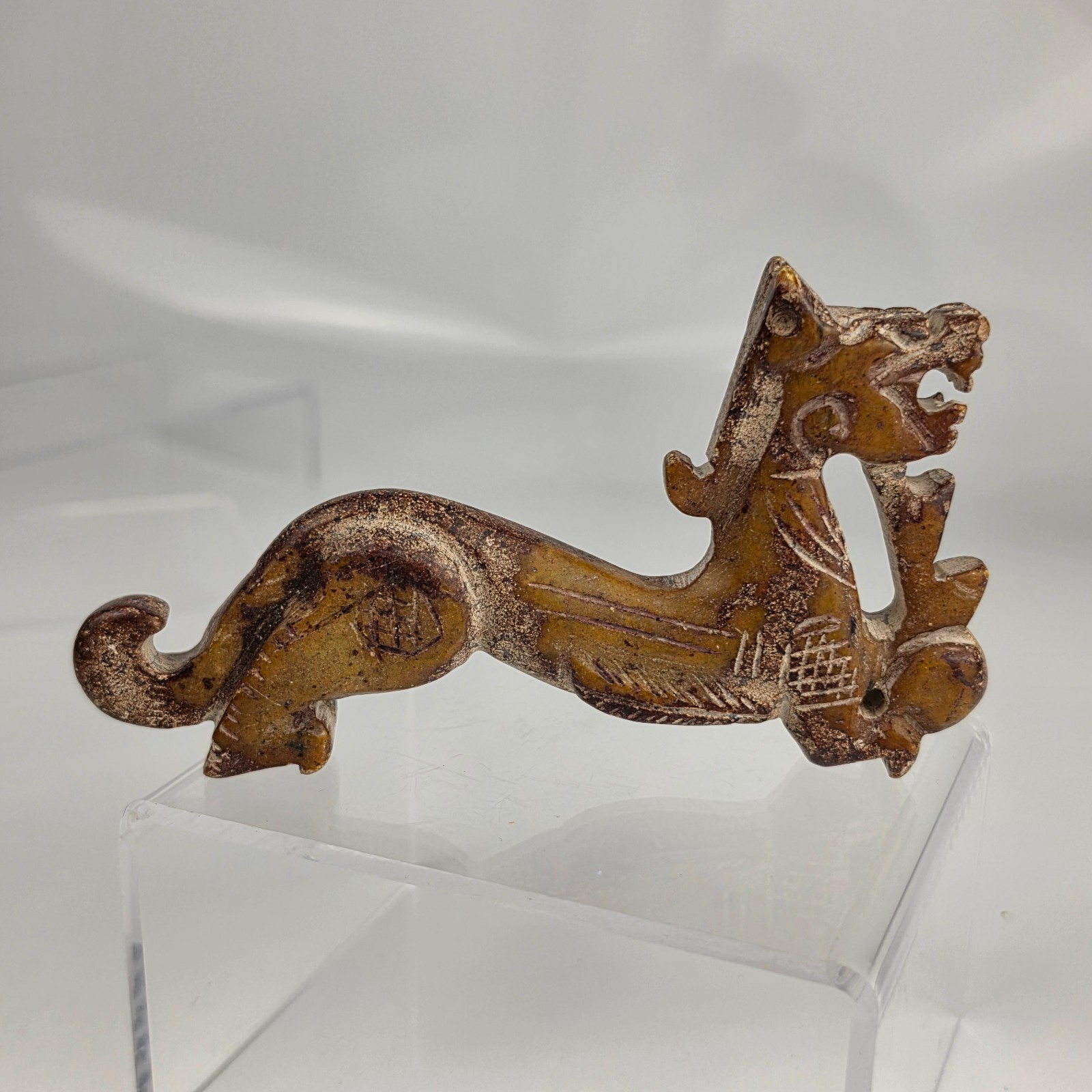 Vintage Chinese Carved Serpentine Dragon Figure Archaistic Detail Pendant