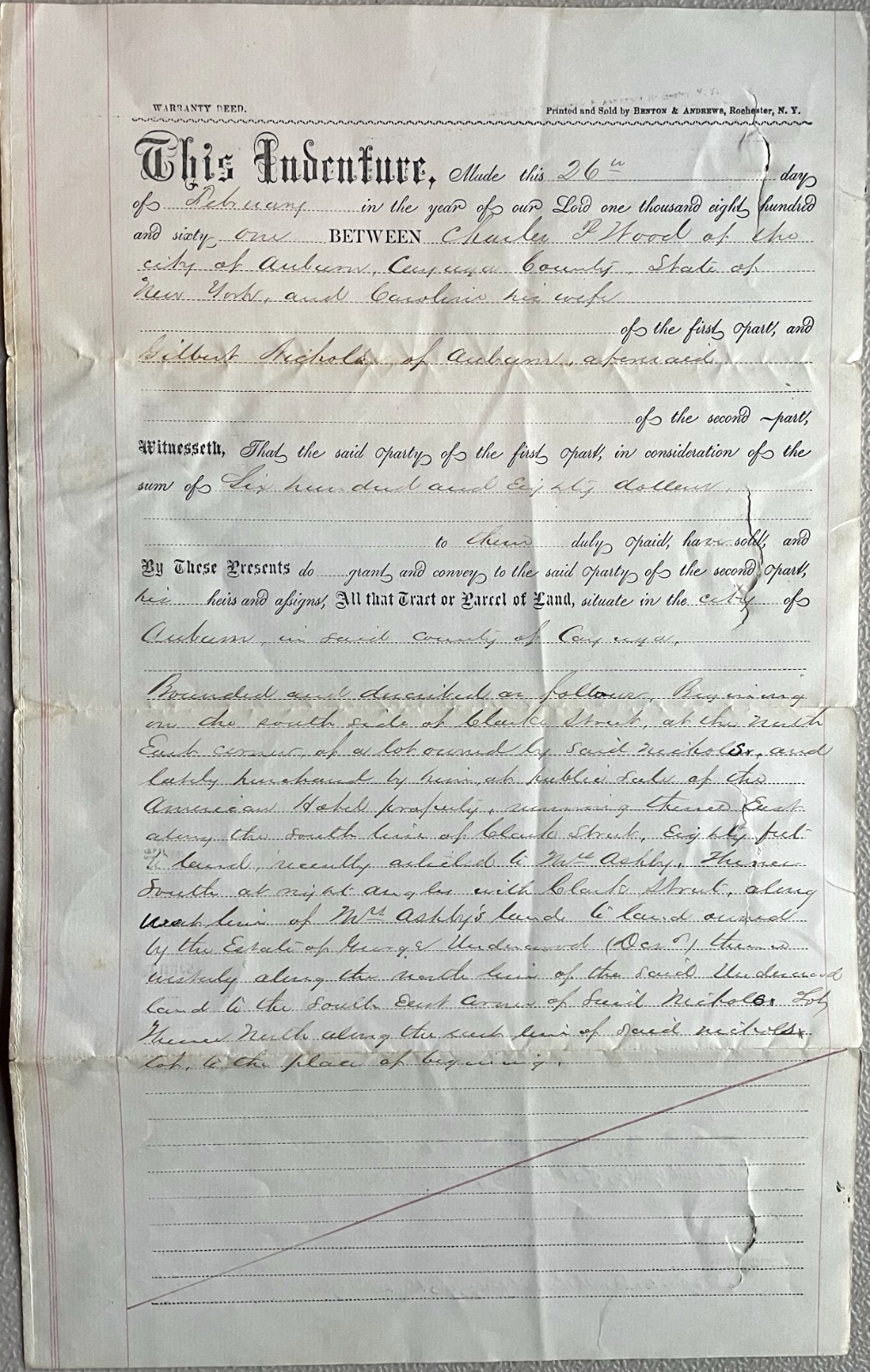 Antique 1861 Pre Civil War Legal Document Property Land Deed indenture Ephemera