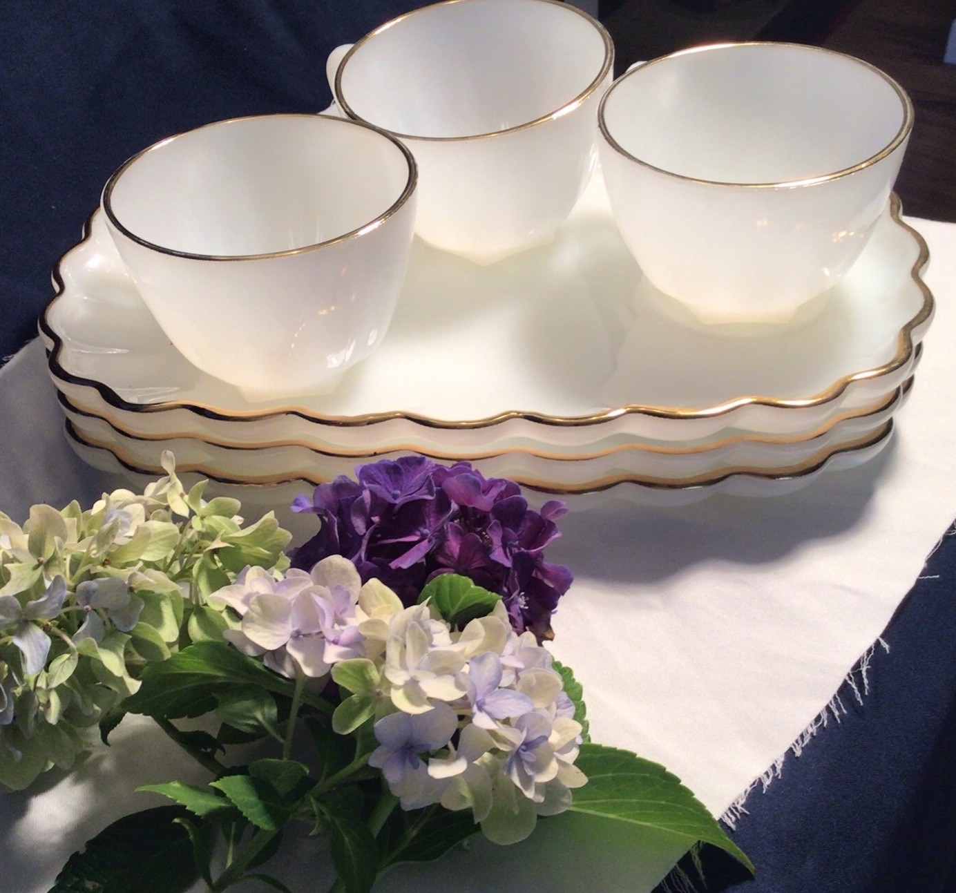 3 vintage Fireking milk glass sandwich trays and cups 22K Gold Trim.