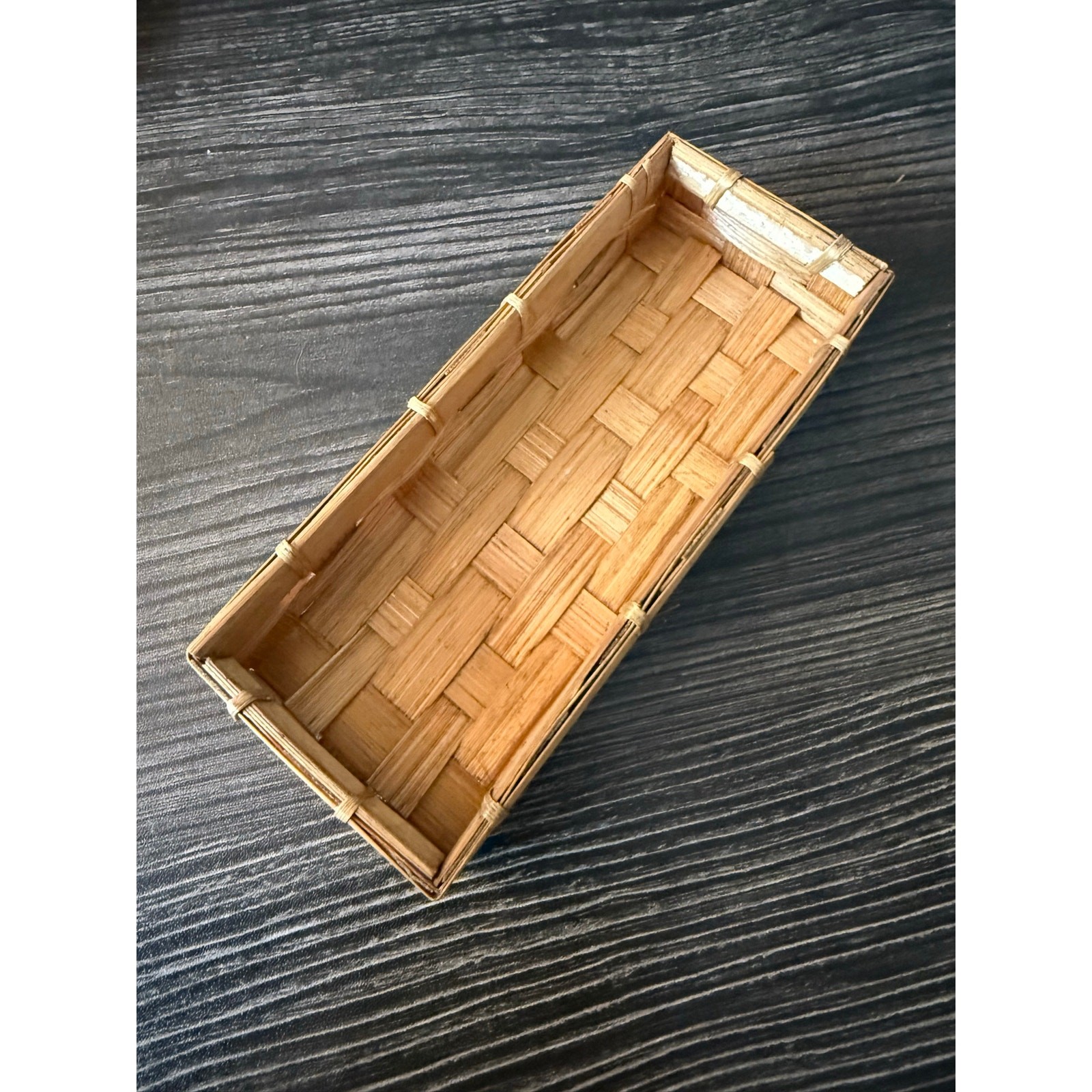 Vintage Rectangular Woven Bamboo Basket Tray Organizer Boho Natural