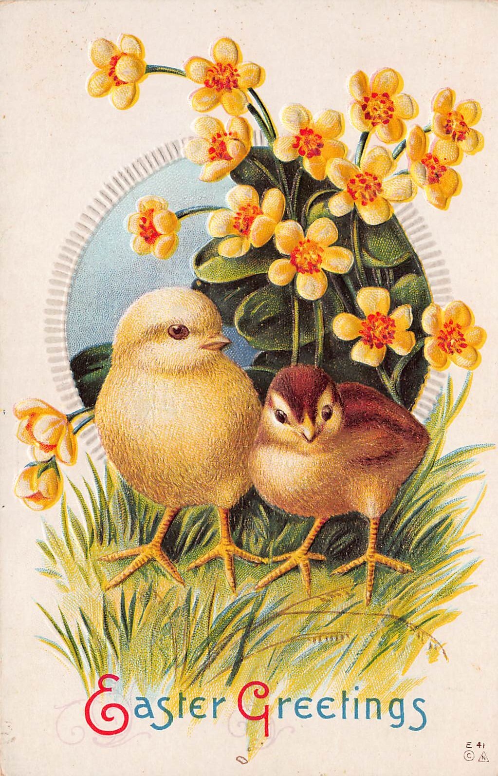 Antique Easter Card Chicks Yellow Flowers Spring Primrose Vtg Postcard D6