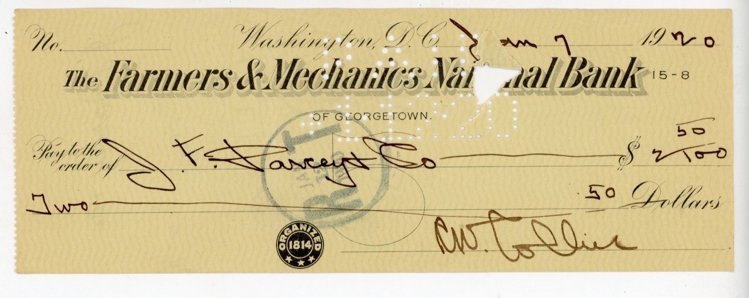 1920 Farmers & Mechanics National Bank Check Washington DC Georgetown JF Darcey