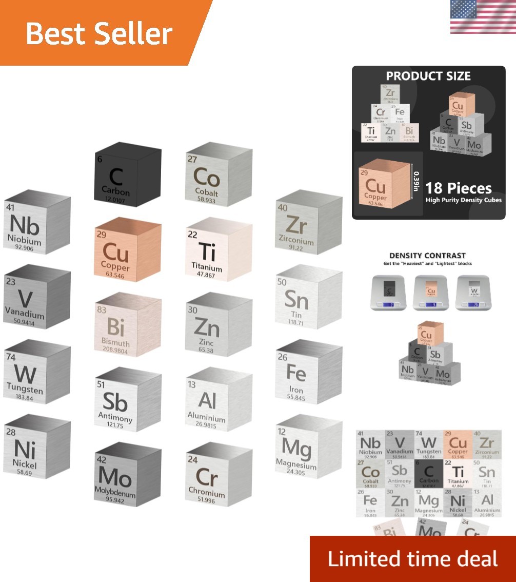 18 Pcs Metal Element Cube Density Cubes 99.99% High Purity, Periodic Table of...