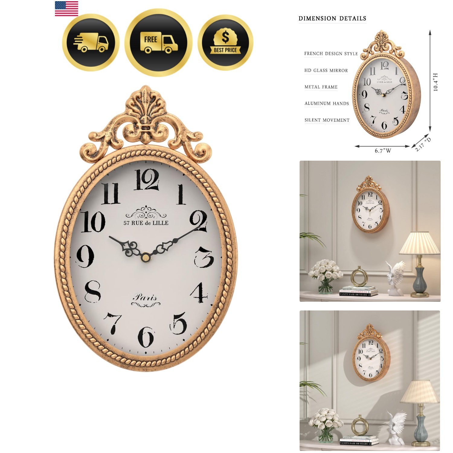 Small French Retro Decor Wall Clock,Antique Gold Vintage Oval Style