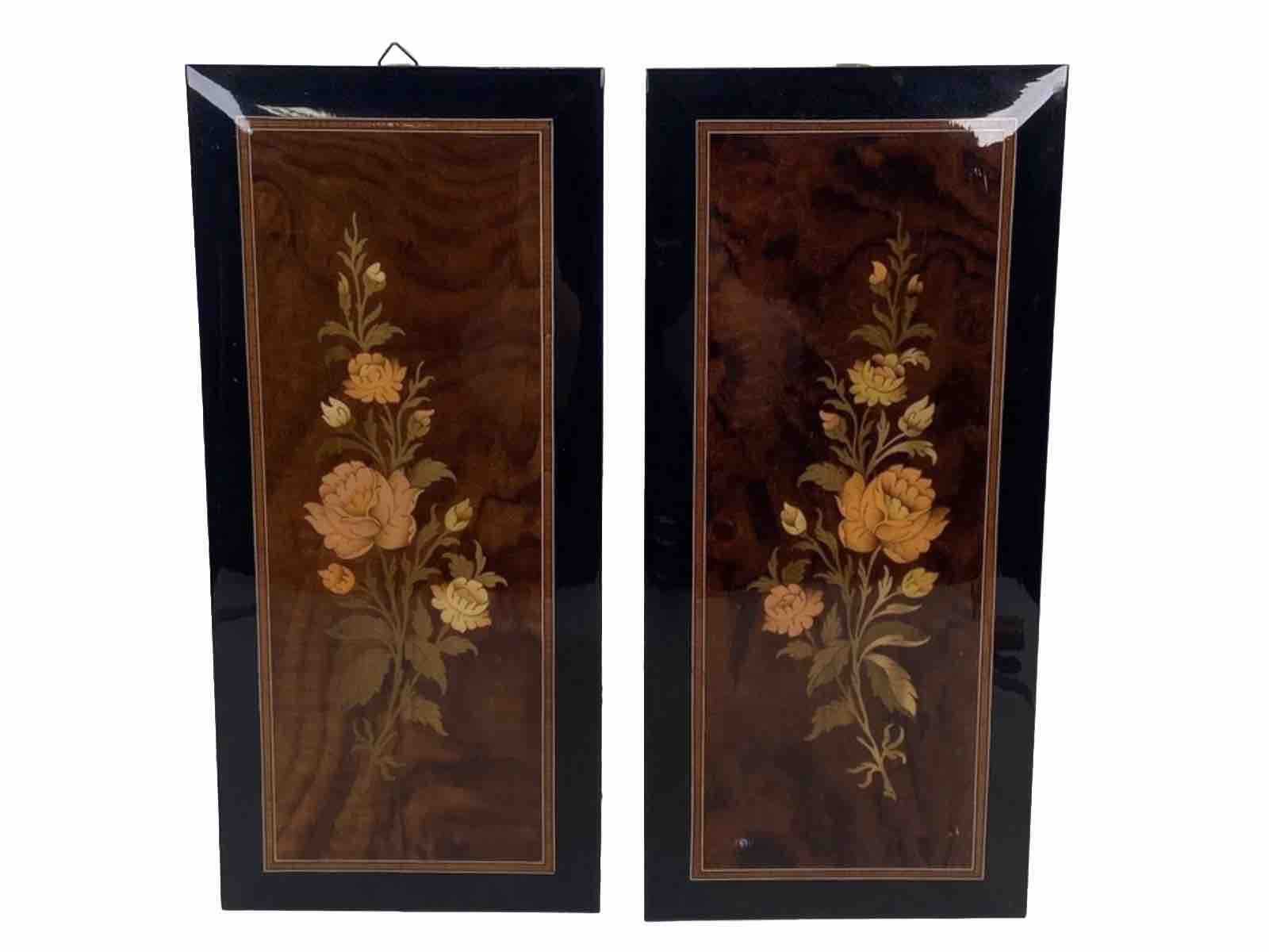 Vtg Gargiulo & Jannuzzi 2 Italian Intarsia Wood Floral Wall Hangings Art Retro